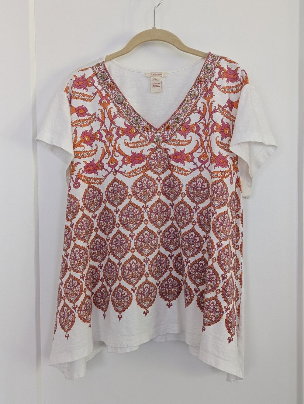 Sundance XL Short Slv Top Cotton Beaded Paisley Floral Boho Artisan Cottagecore